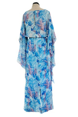 Dreamy 1970s Pierre Cardin Blue Floral Print Silk Chiffon Dress w Long Angel Sleeves