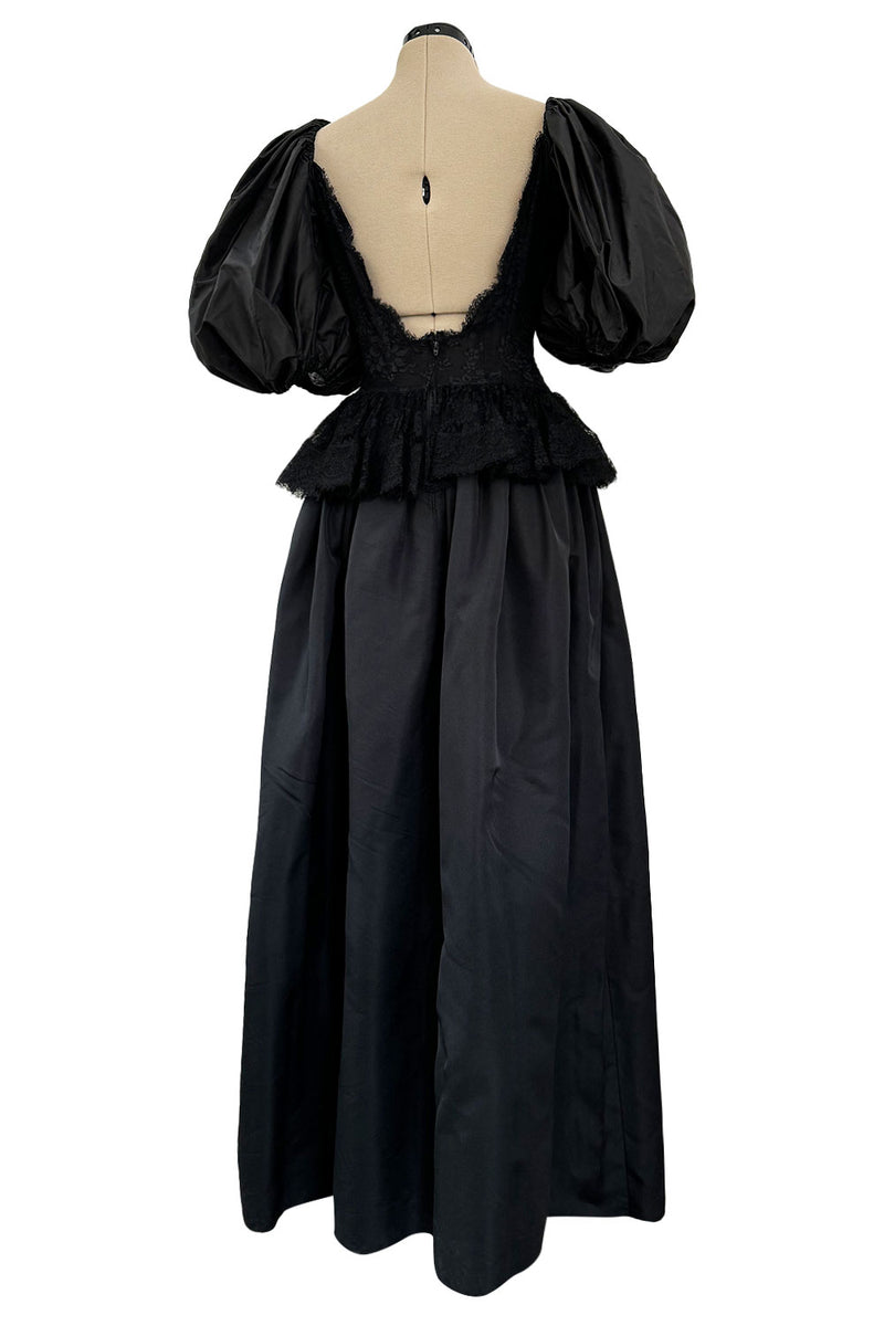 Romantic 1980s Oscar de la Renta Backless Black Silk & Lace Dress w Killer Pouf Sleeves