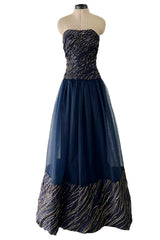 Rare Fall 1986 Chanel by Karl Lagerfeld Runway Blue & Gold Silk Strapless Dress w Removable Sleeves