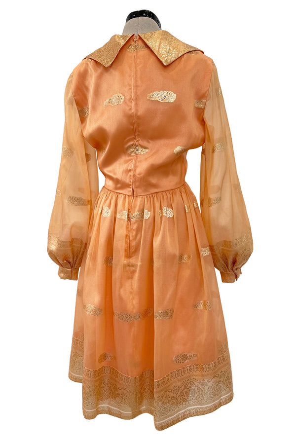 Prettiest 1960s Oscar De La Renta Peach Iridescent Silk Organza Dress w Gold Thread Detailing
