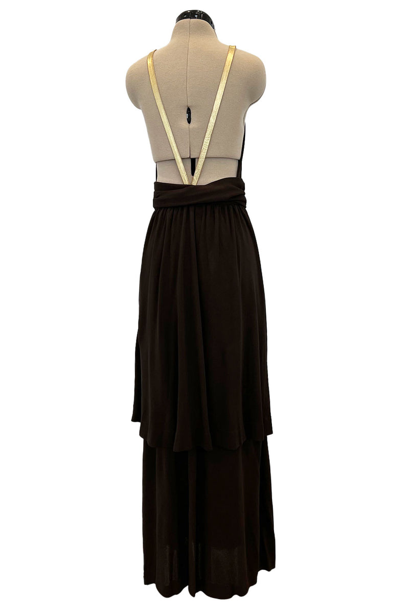 Well Documented Fall 1975 Yves Saint Laurent Brown Silk Jersey w Gold Strap Backless Dress