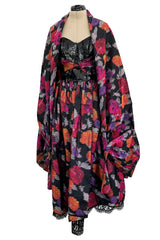 Stunning c 1990 Geoffrey Beene Strapless Sequin Bodice & Floral Silk Taffeta Dress w Shawl