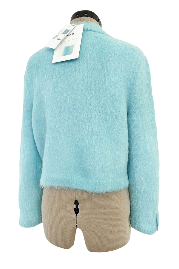 Fall 2019 Chanel by Karl Lagerfeld Pastel Baby Blue Knit Jacket w Handmade Snowflake Buttons