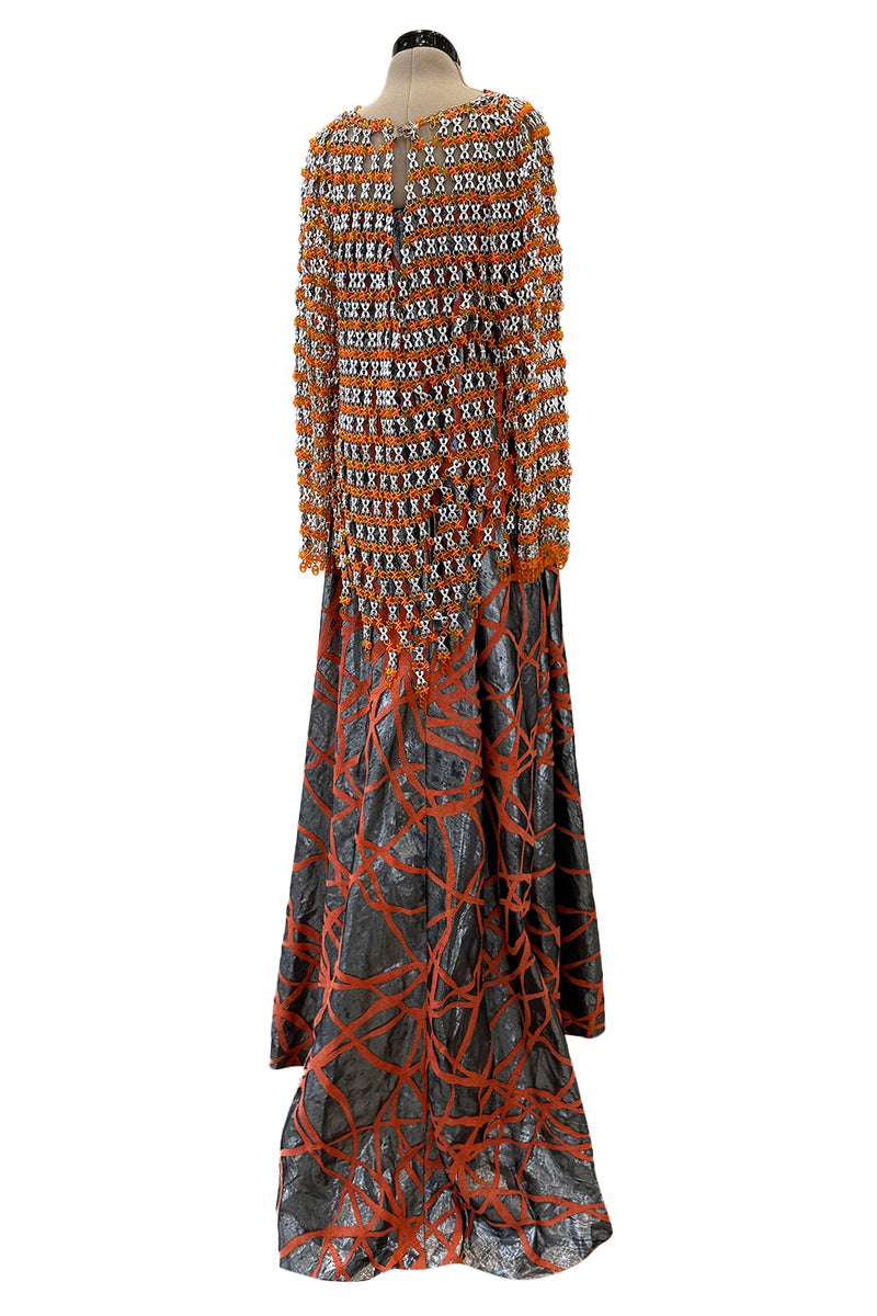 Ultra Rare 1990s Paco Rabanne Haute Couture Metallic Silver & Coral Dress w Chainlink Top & Headpiece
