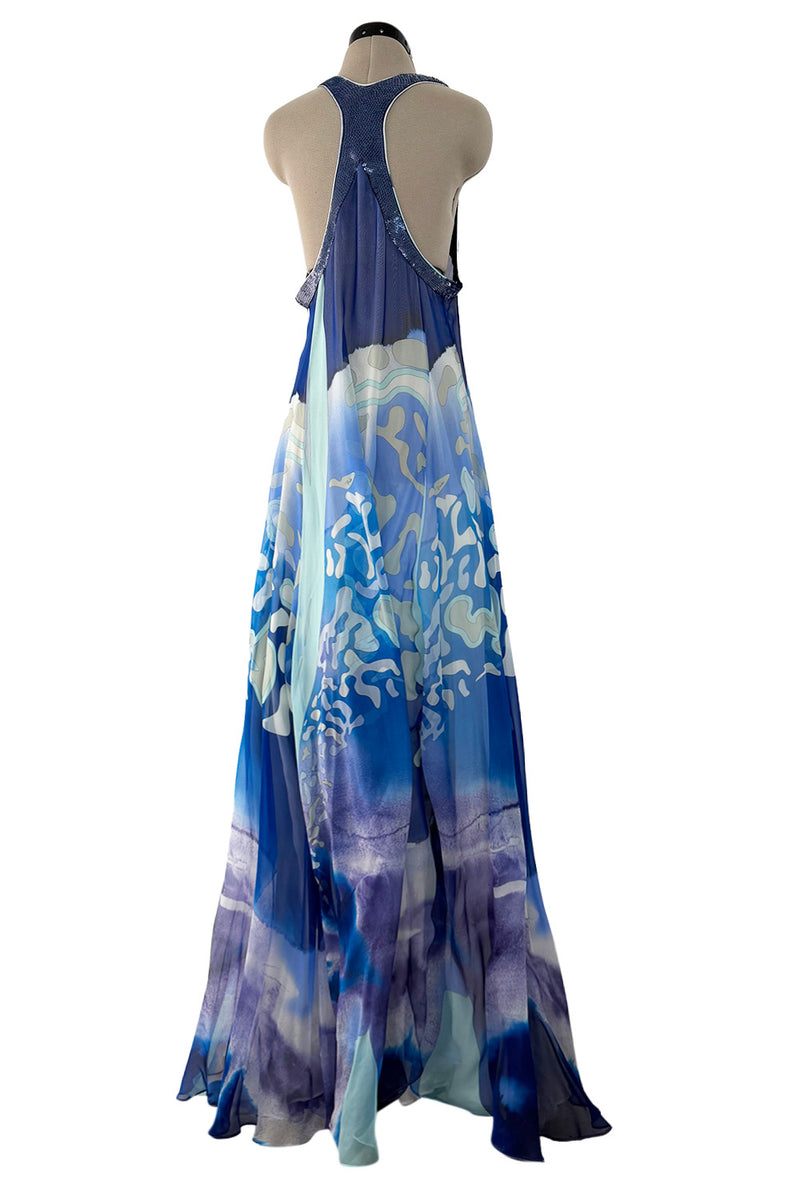 Spring 2010 Emilio Pucci by Peter Dundas Runway Look 24 Blue Printed Silk Chiffon & Sequin Dress