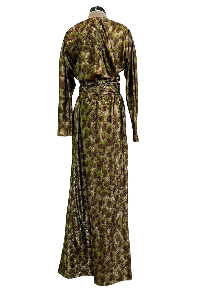 Fall 1979 Halston Runway Olive Brown & Deep Metallic Gold Leopard Print Bias Cut Dress w Belt