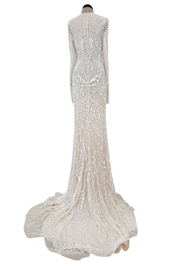 Beautiful Spring 2022 Naeem Khan Bridal Collection 'Salinas' Ivory Net Dress w Sequin Pattern & Trained Skirt
