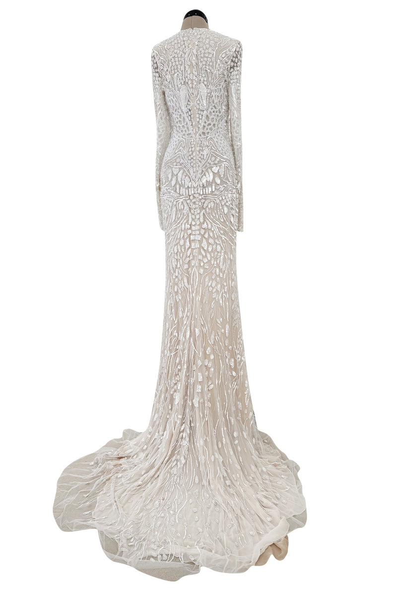 Beautiful Spring 2022 Naeem Khan Bridal Collection 'Salinas' Ivory Net Dress w Sequin Pattern & Trained Skirt