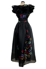 Spring 1981 Unlabeled Christian Dior Floral Print Silk Organza Dress w Ruffled Shoulders