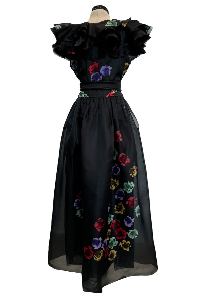 Spring 1981 Unlabeled Christian Dior Floral Print Silk Organza Dress w Ruffled Shoulders