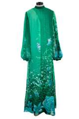 Stunning 1970s Hanae Mori Green Extensive Floral Print Green Silk Chiffon Dress w Balloon Sleeves & Belt