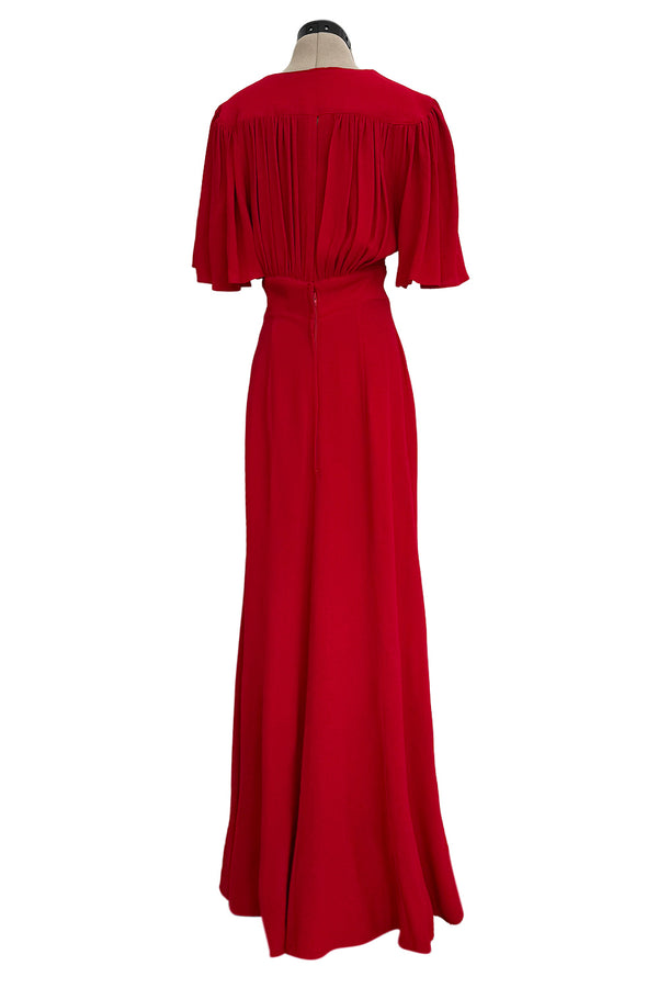 Fantastic Fall 1974 Ossie Clark Runway Documented Red Moss Crepe Dress w Plunging Front & Caped Sleeves