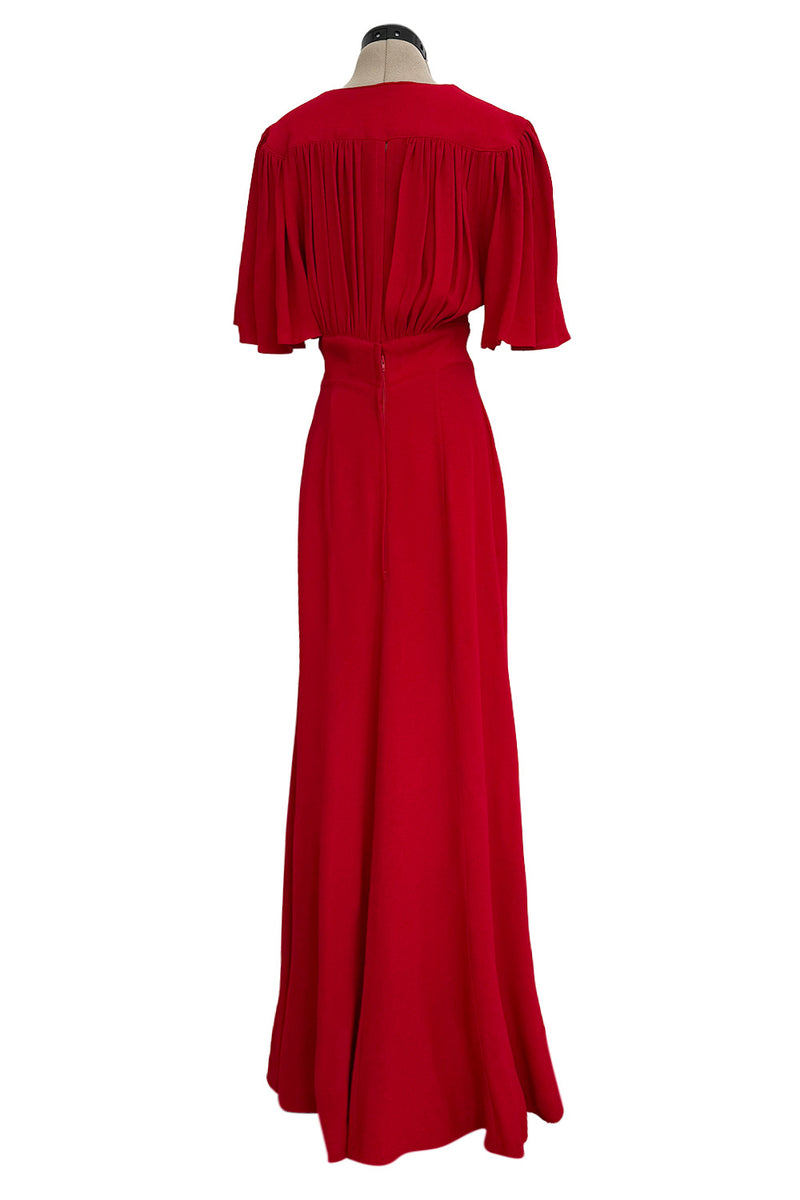 Fantastic Fall 1974 Ossie Clark Runway Documented Red Moss Crepe Dress w Plunging Front & Caped Sleeves