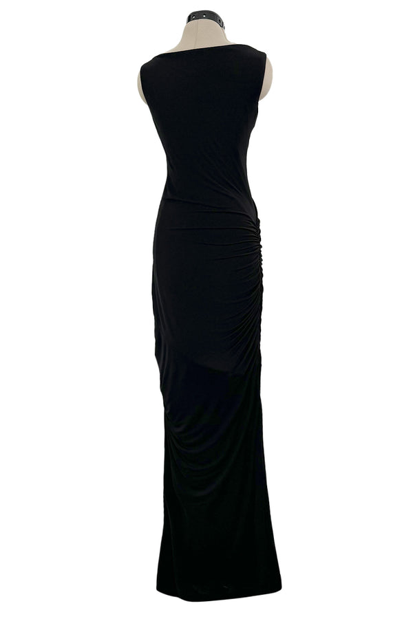 Minimlist Fall 2001 Gucci by Tom Ford Black Stretch Jersey Dress w Draped Neckline & Gathered Sides