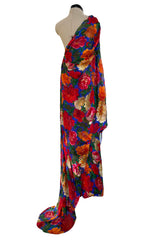 Exquisite Fall 1997 Yves Saint Laurent Brilliant Multi Floral Printed Silk Chiffon Bias Cut & Draped One Shoulder Dress
