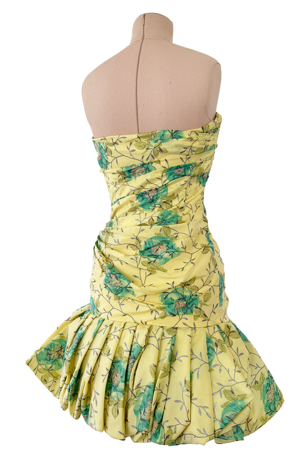 Documented Spring 1988 Emanuel Ungaro Pale Yellow Silk Taffeta Strapless Dress w Floral Print