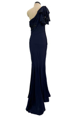Spring 2008 Christian Dior by John Galliano Deep Blue Silk Chiffon One Shoulder Dress w Beading