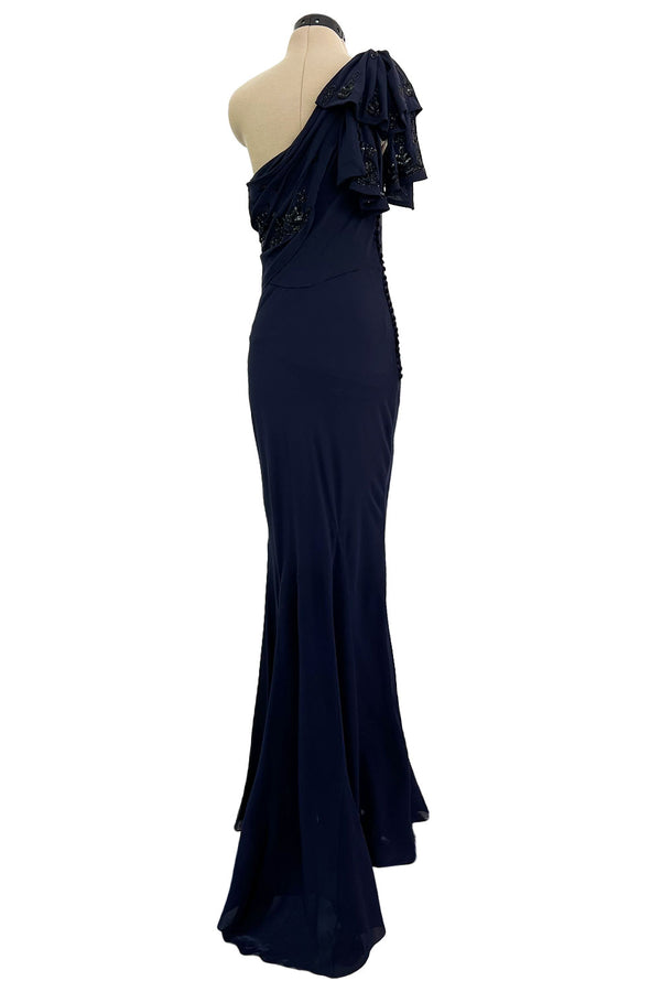 Spring 2008 Christian Dior by John Galliano Deep Blue Silk Chiffon One Shoulder Dress w Beading