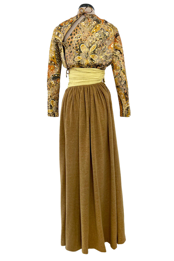 1970s Madame Gres Haute Couture Wide Leg Pant Set w Metallic Gold Part Open Tie Top