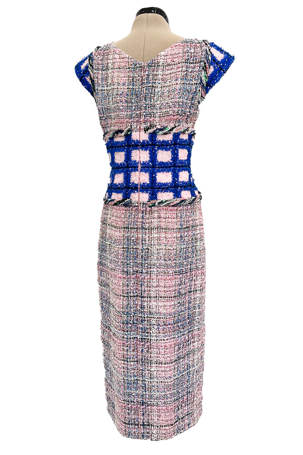 Incredible Spring 2018 Chanel by Karl Lagerfeld Runway Look 8 Pink & Blue Metallic Boucle Dress