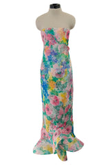 Beautiful 1980s Pierre Cardin Haute Couture Silk Chiffon Pastel Floral Ruffled Strapless Dress & Cape