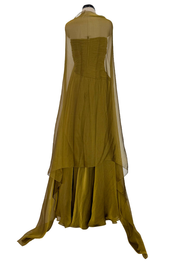 Fall 1989 Oscar de la Renta Iridescent Green Gold Silk Chiffon Strapless Dress w Matching Cape