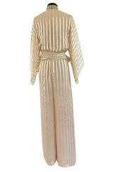 Important & Rare Resort 1976 Halston Couture Ivory Silk Ribbon Chiffon Jumpsuit w Original Sash