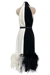 1960s Harold Levine Glamorous High Contrast Black & White Dress w Feather Hem
