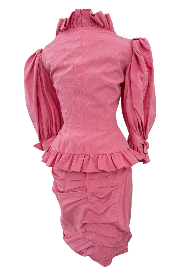 Phenomenal Spring 1988 Jean Louis Scherrer Haute Couture Pink Ruffle Suit w Balloon Sleeves