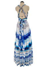Resort 2010 Alexander McQueen Silk Chiffon Blue Print Dress w Plunging Front & Open Back