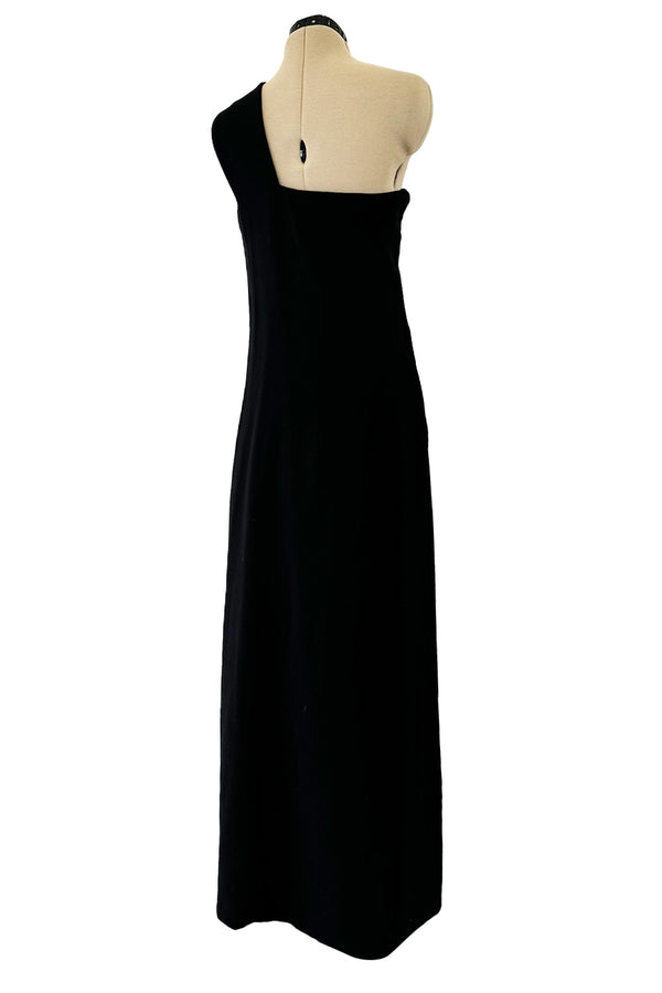 Minimalist Early 1960s James Galanos Couture Larger One Shoulder Black Crepe Long Column Dress