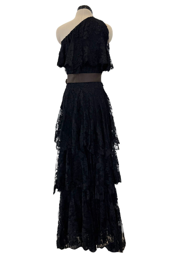 Incredible 1960s Donald Brooks Black Lace Tiered One Shoulder Jumpsuit w Wide Legs & Belt