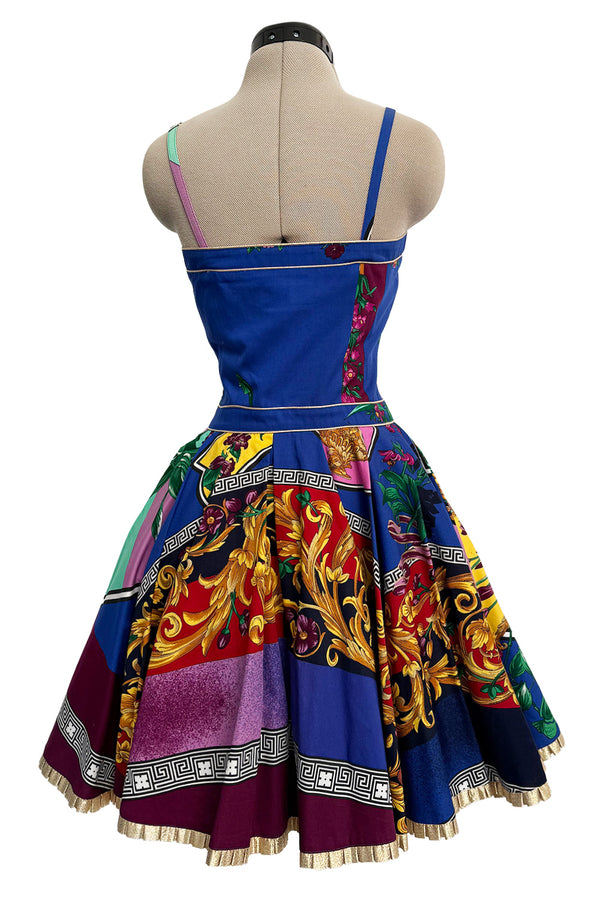 Iconic Spring 1992 Versace by Gianni Versace Jeans Couture Floral Print Full Skirt Halter Mini Dress