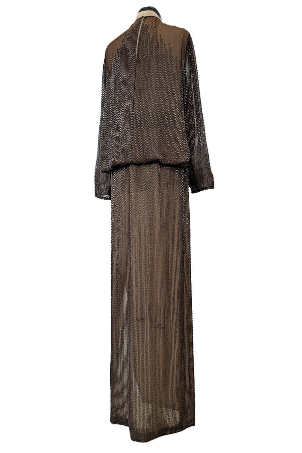 Elegant Fall 1981 John Anthony Couture Hand Beaded Brown Silk Chiffon Top & Skirt Set