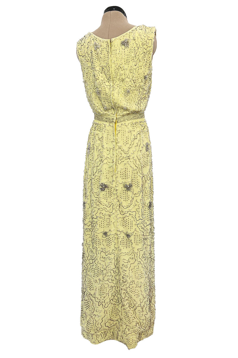 Prettiest Early 1960s Malcolm Starr by Elinor Simmons Hand Beaded Pale Yellow Silk Dress