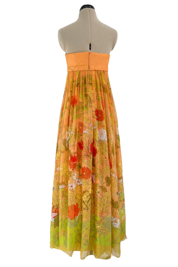 Gorgeous 1970s Hanae Mori Strapless Pastel Floral Print Chiffon & Silk Dress w Shawl