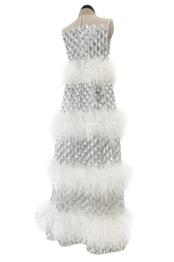 Fantastic Fall 2019 Huishan Zhang Silver Sequin on White Net & Organza Dress w Feather Detailing