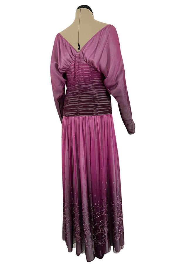 Stunning 1970s Bill Gibb Deep Purple Fuchsia Silk Chiffon & Glitter Dress w Deep Front & Back Plunge