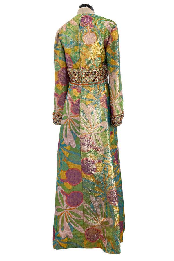 Incredible 1960s Malcolm Starr by Elinor Simmons Green & Gold Metallic Beaded Dress