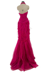 1990s Thierry Mugler Pink Silk Organza Halter Dress w Full Lower Skirts & Sequin Detailing