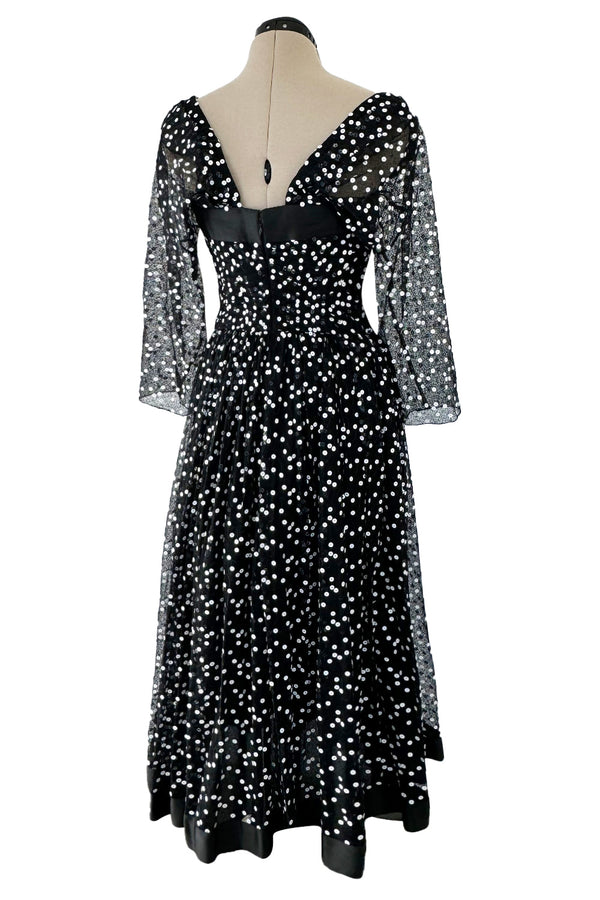 Prettiest Fall 1979 Christian Dior by Marc Bohan Black Silk Lace Net Dress w White  Sequins & Bows