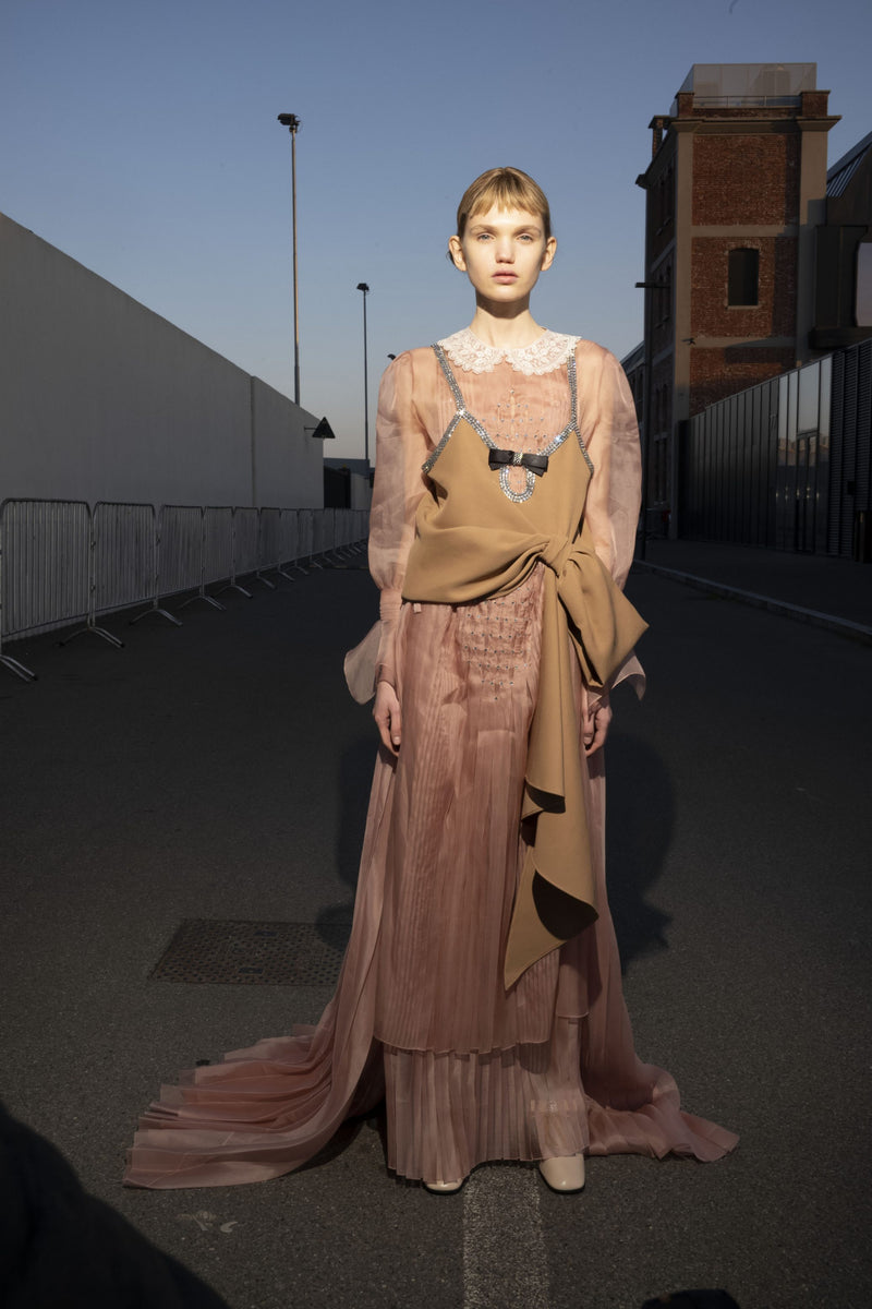 Spectacular Fall 2020 Gucci by Alessandro Michele Runway Look 29 Dusty Pink Silk Dress & Skirt Overlay Set