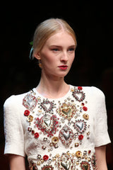 Spring 2015 Dolce & Gabbana Runway Look 48 Silk Brocade Mini Dress w Elaborate Front Embellishments