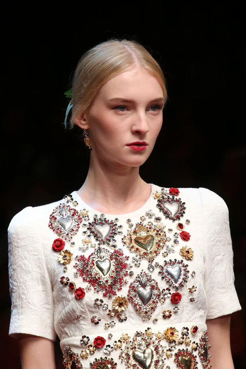 Spring 2015 Dolce & Gabbana Runway Look 48 Silk Brocade Mini Dress w Elaborate Front Embellishments