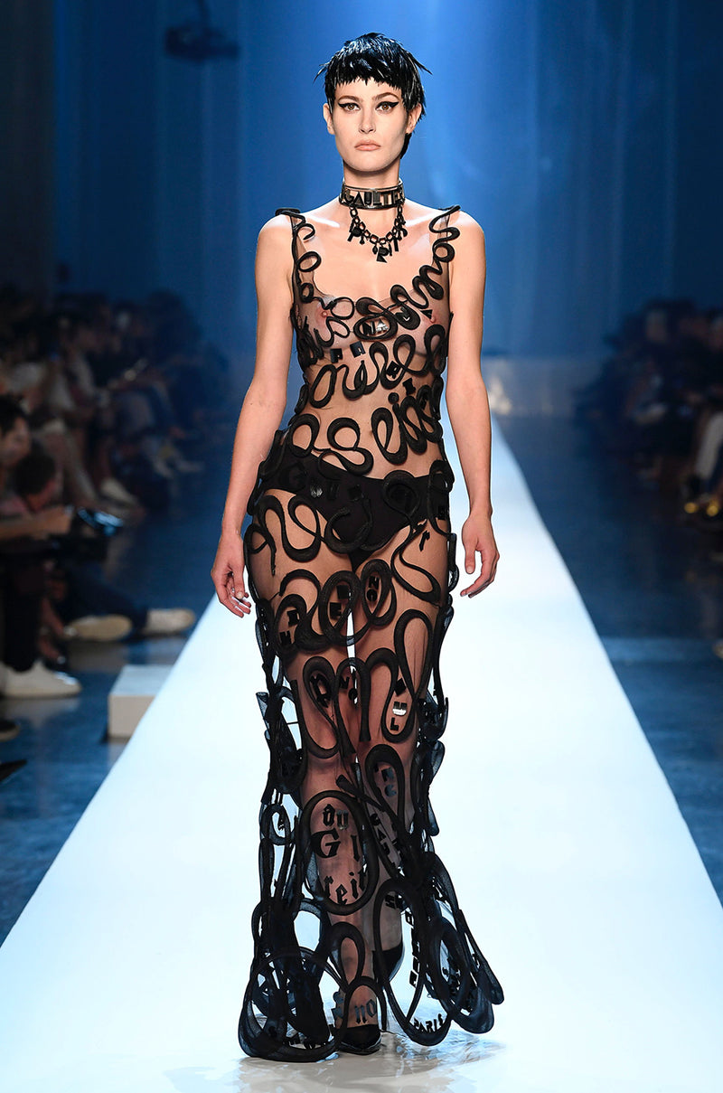 Exquisite Fall 2000 Jean Paul Gaultier Haute Couture Nude & Black Net 3D 'Script' Dress