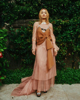 Fall 2020 Gucci by Alessandro Michele Runway Look 29 Dusty Pink Silk Dress & Skirt Overlay Set
