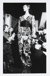 Extraordinary 1969 Thea Porter Black Silk Chiffon Dress w Red Print & Huge Balloon Sleeves