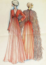 Documented 1960s Tiziani Couture by Karl Lagerfeld Peach Silk Plunge Dress w Matching Feather Cape