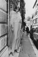 Documented 1960s Tiziani Couture by Karl Lagerfeld Peach Silk Plunge Dress w Matching Feather Cape