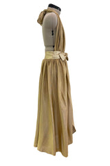 Fantastic Fall 1980 Bill Tice Metallic Gold Halter Front Backless Dress w Top Stiched Tie Belt & Front Slit